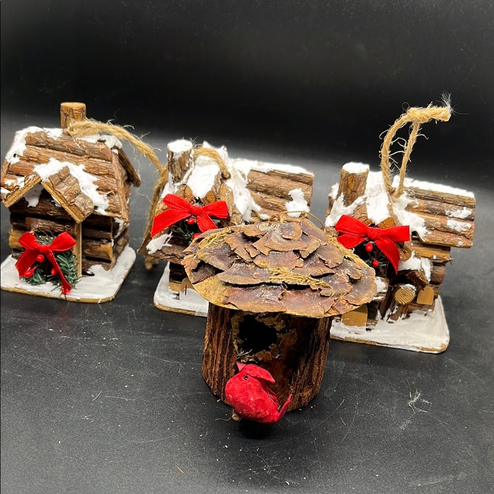 Rustic Log Cabin & Pinecone Birdhouse Holiday Christmas Tree Ornament Primitive